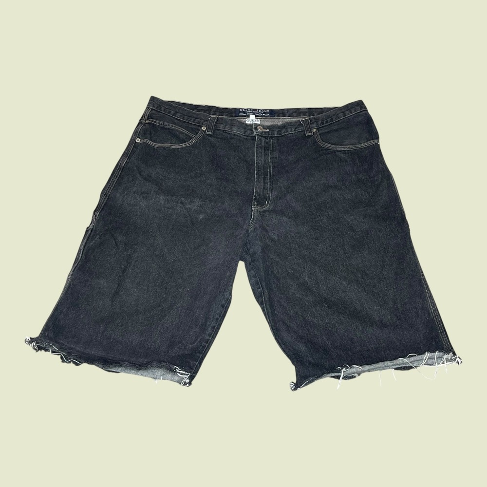 Vintage USA Guess Jeans Mens Carpenter Shorts Washed Black W42 Cut Ripped‎ Hem
